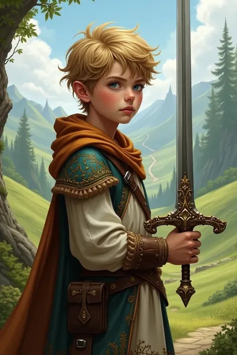 dirty blonde haired boy in a fantasy novel holding a sword 