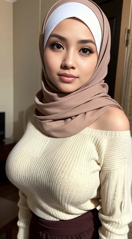 RAW, Best quality, high resolution, Masterpiece: 1.3), Beautiful Malay woman in hijab,Masterpiece, best quality,8k, brown eyes, perfect eyes,Huge breasts,White sweater, bedroom