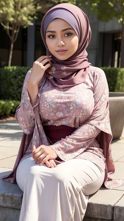 RAW, Best quality, high resolution, masterpiece: 1.3), beautiful Malay woman in hijab,Masterpiece, perfect fit body, big breast, biggorgeous eyes, Soft smile,thick thighs,sitting,muslim close up of a woman wearing a red maroon floral dress and a tan scarf,...