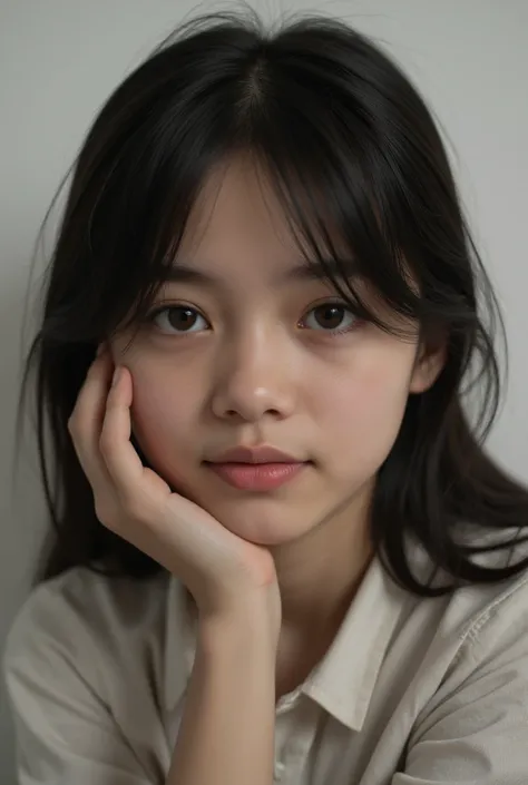 14-year-old girl with dark hair and long oval shaped face with dark circles under the eyes with a light smile and brown eyes