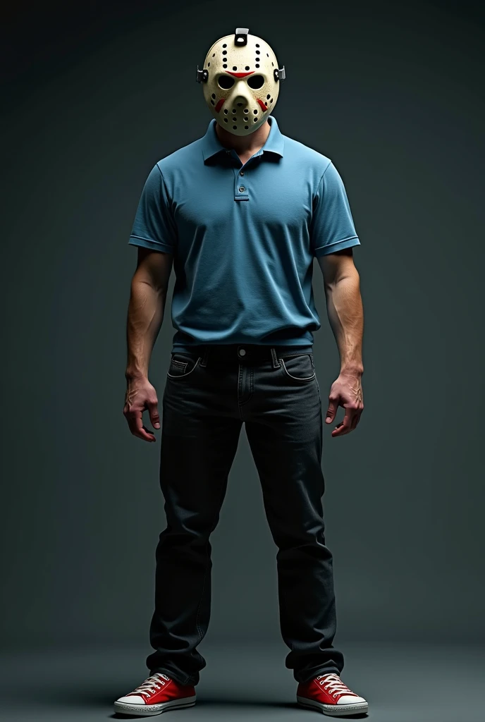 A man wearing a blue shirt, black jeans, and red sneakers with a white toe, wearing a mask of killer Jason. The angle is looking slightly to the left