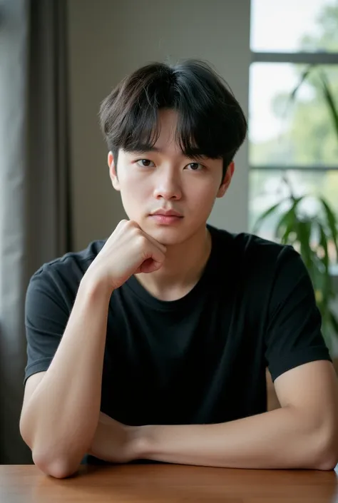 The image is a portrait of byeon woo seok korean young man sitting at a table with his hand resting on his chin. He is wearing a black t-shirt and has a serious expression on his face. The background is blurred, but it appears to be a room with a window an...