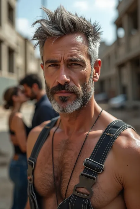 masterpiece, best quality, high resolution, closeup portrait, male focus, solo focus, A man, 40 years old, with construction worker uniform, unbuttoned work clothes, construction worker, silver grey hair, messy hairstyle, hairy armpit, cute and seductive f...