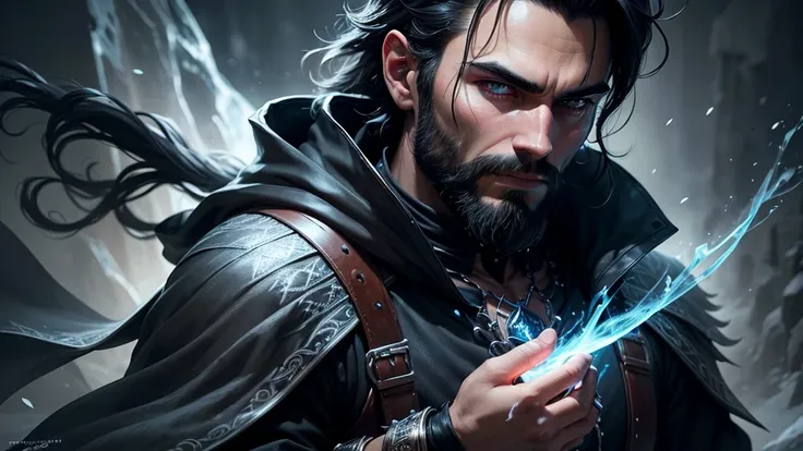 a handsome young ice wizard, black hair, black beard, black clothes with silver details, ice crown, using ice magic, snowy background, detailed face, beautiful detailed eyes, beautiful detailed lips, extremely detailed face and eyes, long eyelashes, (best ...