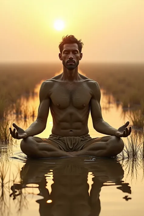 Action: Aruni’s body is covered in mud as he meditates, forming a natural dam. The water is stopped by his form.
Background: The tranquil, flooded field with a soft sunset glow surrounding Aruni’s body. Male caracter 
Camera Movement: Camera slowly zooms o...