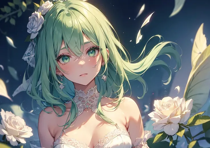 A cute girl with delicate features and soft pastel green hair styled with intricate roses. Her green eyes are luminous, framed by long lashes, and she wears a lace neckline with a glittering sapphire earring. The background features a blurred cinematic glo...