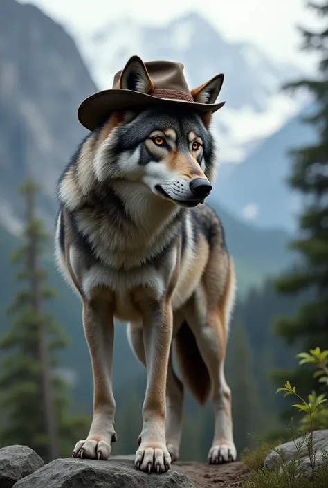 Generate an image of a wolf wearing a shooting hat 