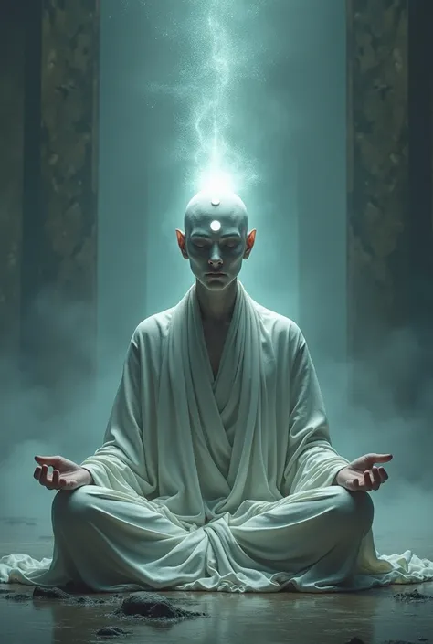 Create a monk-like being that has three eyes , one of them being positioned in the center of the forehead.  That person must be meditating to raise the state of consciousness