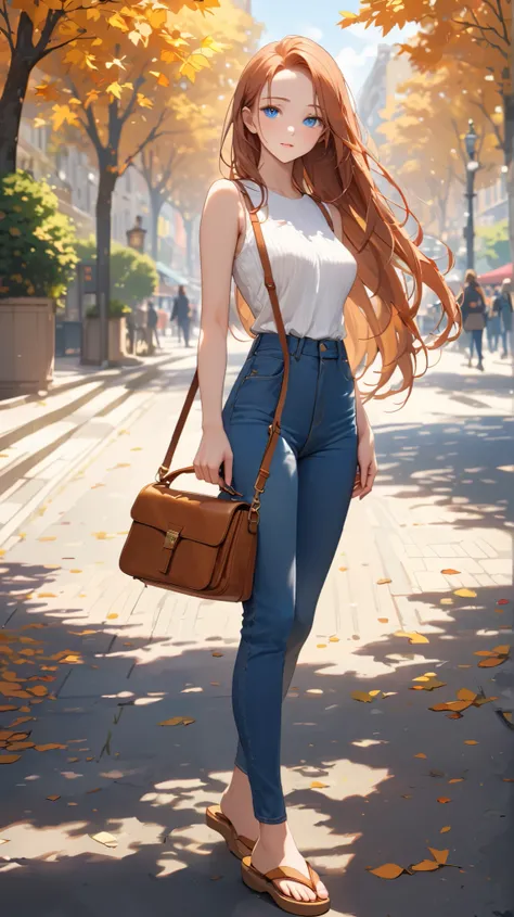 A youthful female with blue eyes and long bginger straight hair with perfect body:1.1 and medium breast. She is wearing a blue skinny jeans and white-sleeveless top and cognac flip-flops with cognac shoulder-bag. Outdoor setting in daytime in fall. Fashion...