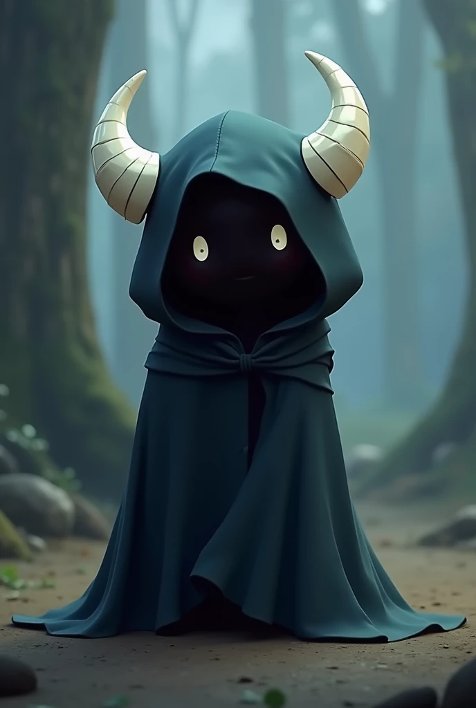 An animated character who is small with a helmet with white horns that only has eye holes and a cloak that covers his entire body and that the body is black