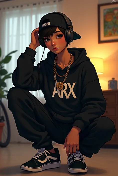 Realistic Disney teenager Gku ,  hip hop style cap on the head ,  black eyes, listening to music,  sitting in a room with white walls ,  black furniture and bright lights ,  slave chain with the initial Arx in gold ,  loose black sweatshirt with a print in...