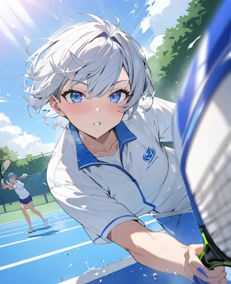 masterpiece、 best quality，One high school girl， Silver Hair，Short hairstyles on the side ， blue eyes， Shortcut Hair、Tennis Spray Final Match ，High school tennis club captain， dynamic sports motion 、The moment I hit the ball with my racket 、 An aphrodisiac ...