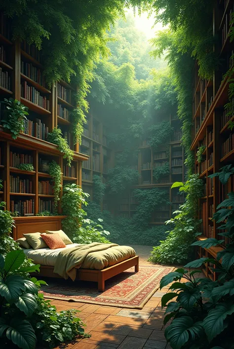 Huge bedroom in greenery with lots of bookcases