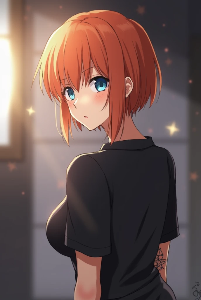 1 , Alone,  high resolution,  wallpaper looking at the viewer, Shoulder-length orange short hair, blue eyes, breasts, pircings na oreha Boca aberta, Teeth,  Heterochromia, tattooed, Serious, Spark, Jealous, Perspective,  Side view, blurred,  lens reflectio...