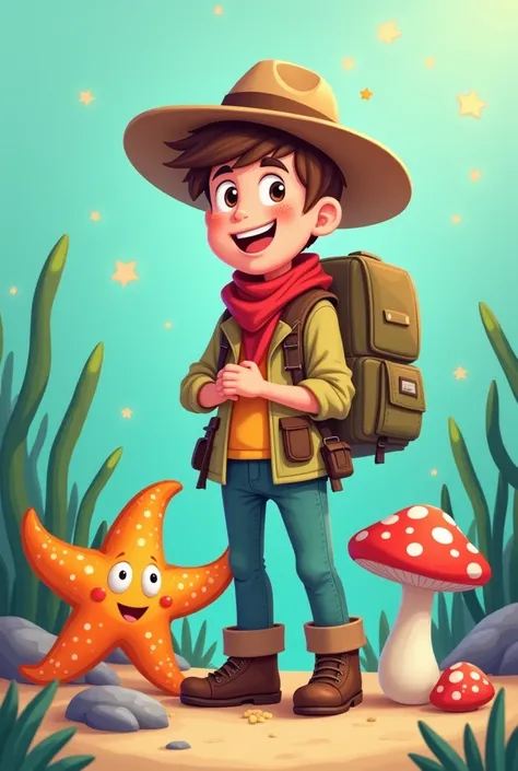  GIVE ME AN IMAGE LIKE A CARTOON ,  WHERE AN ADVENTUROUS  WEARING EXPLORERS CLOTHES APPEARS NEXT TO A STARFISH, A mushroom , A BACTERIA AND A PLANT ,  ALL TOGETHER AND HAPPY AS SEEING AND EXPLAINING TO ASEXUAL BEINGS  