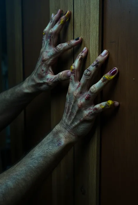 
Zombie hands cling to the door