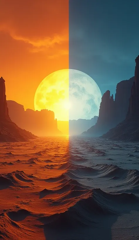 A contrast of day and night in a desert ,  showing the scorching heat of the Sun and the extreme cold of the dark,  symbolizing the lack of thermal balance .