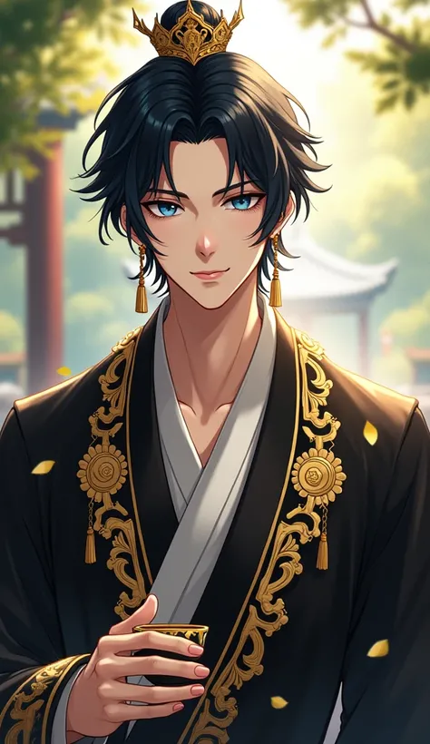 A mid-shot anime-style portrait of a handsome man exuding a cool and refined demeanor. He has striking features, dark blue eyes, and flowing black hair adorned with luxurious accessories. He wears an opulent robe of alternating gold and black, blending tra...