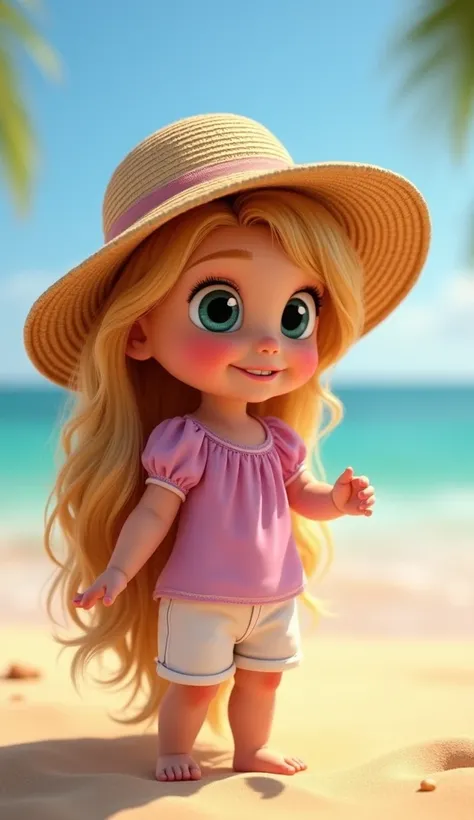 Disney Pixar style character Rapunzel baby with beach hat and beach stage with ponytail in her hair and white shorts and pink blouse