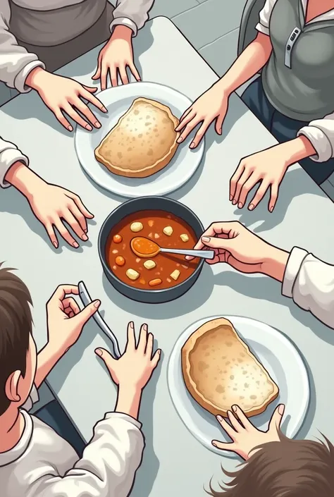  could you draw 3 people, mom, dad and a 5year old, just their hands on a table getting food from the table on the table there is stew and bread. I need the image to be very catoonish, in shades of gray and from a birds eye view