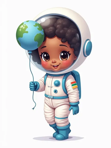 Illustration of a cute girl astronaut inspired by the face of a girl with medium brown skin, soft facial features, and curly dark hair. She is wearing a white spacesuit with blue details (instead of pink), including gloves, boots, and stripes. She is holdi...