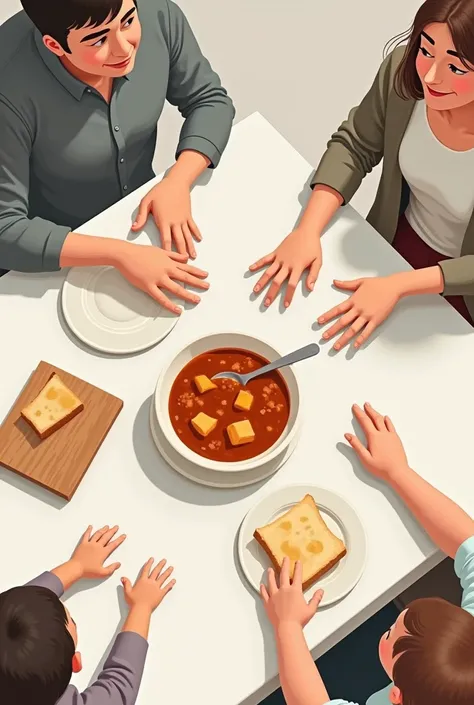  could you draw 3 people, mom, dad and a 5year old, just their hands on a table getting food from the table on the table there is stew and bread. I need the image to be very catoonish, in shades of gray and from a birds eye view, can the hands be less defi...