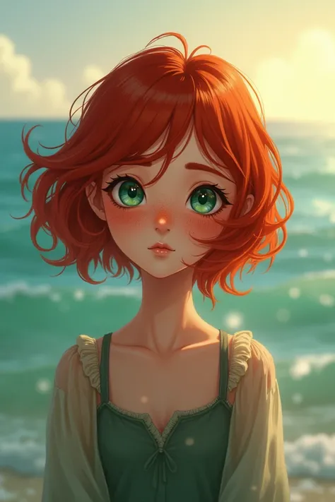 Red-haired girl short hair green eyes and freckles in the sea