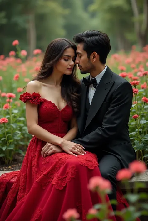  The image shows a couple in a romantic portrait ,  sitting on the edge of a flowery garden style photograph . They are elegantly dressed ,  with the woman wearing a red lace dress and the man in a dark suit.  The background is soft and blurry ,  highlight...