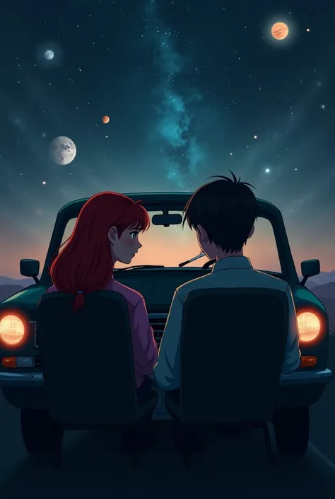 Make a animated photo of a red haired girl and her boyfriend in a car smoking together, and the sky is space full of planets make them serious