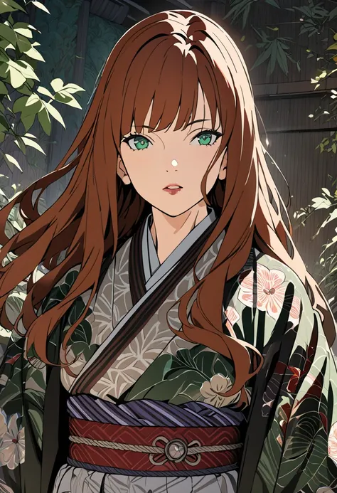 a woman with long red wavy hair and bangs, green eyes, walking and wearing a wide floral kimono with a sash at the waist, full body art, (best quality,4k,8k,highres,masterpiece:1.2),ultra-detailed,detailed eyes,detailed lips,detailed face,longeyelashes,bea...