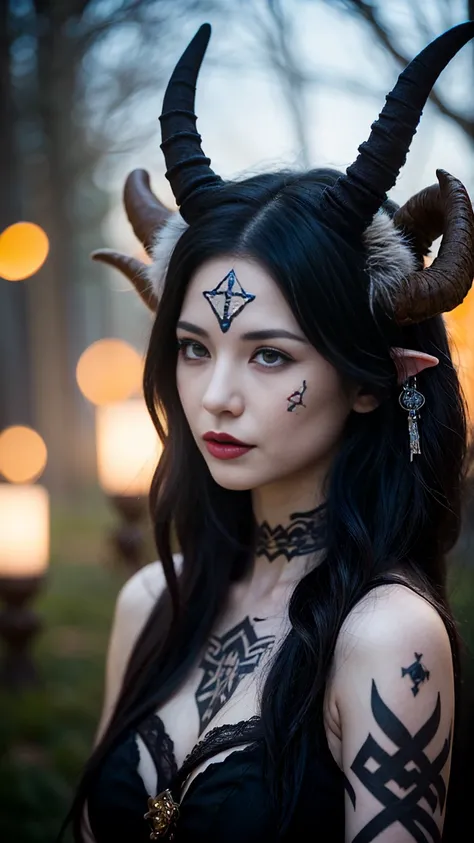  there is a woman with horns and a goat head on her head, concept art,  inspired by Ren Renfa  , tumblr,    gothic art   , with rune tattoos on face   , gothic maiden shaman, rune-covered   ,    very beautiful berserk woman , with horns,    with black horn...