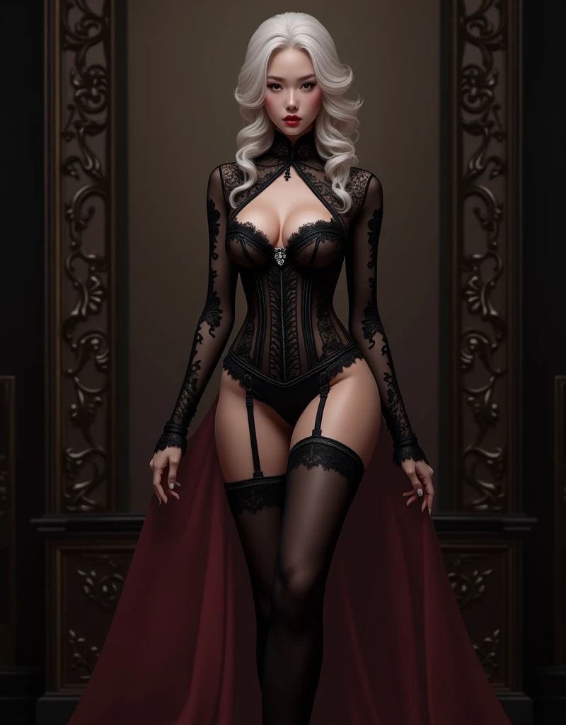 beautiful and elegant sexy woman, portrait of a sexy domme woman, platinum blonde hair, black lace, black corset and garter and stockings, sexy pale asian woman, cleavage, large breasts, leggy, beautiful and sexy woman in silk black lingerie, vampire queen...