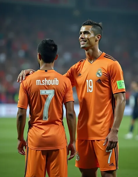 "M.Shouib" name in the shirt of football player and his number is 7 and stands with Cristiano ronaldo 