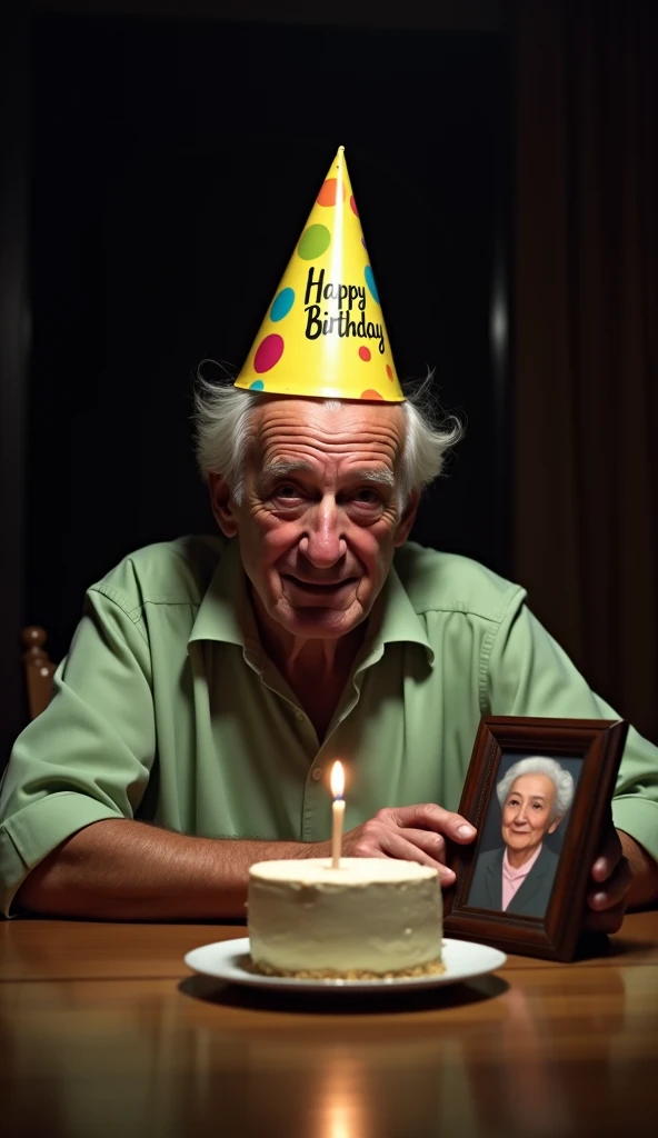 An elderly man is sitting alone at the table, wearing a colorful party hat with Happy Birthday written on it. His eyes are full of tears and a pained smile suggests a mix of sadness and nostalgia. He is wearing a light green shirt. In front of him is a sma...