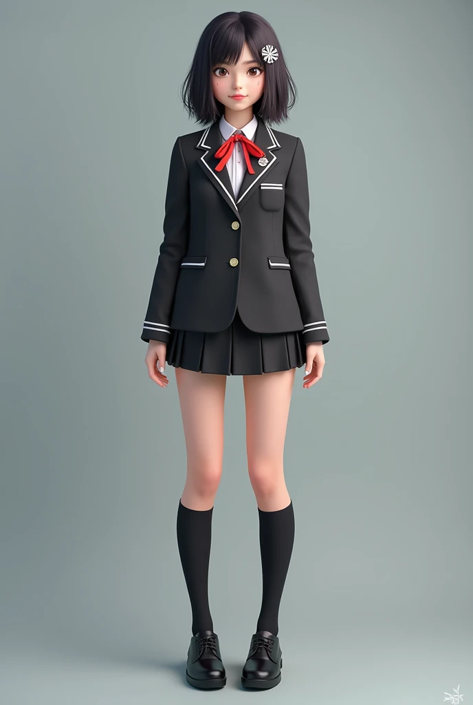 A 19-year-old teenage girl, high school student, wearing a high school uniform with a special blazer for the student council president. She is of Japanese-Greek descent, has a small dartboard-shaped hair clip, shoulder-length hair, side-swept bangs, shcool...