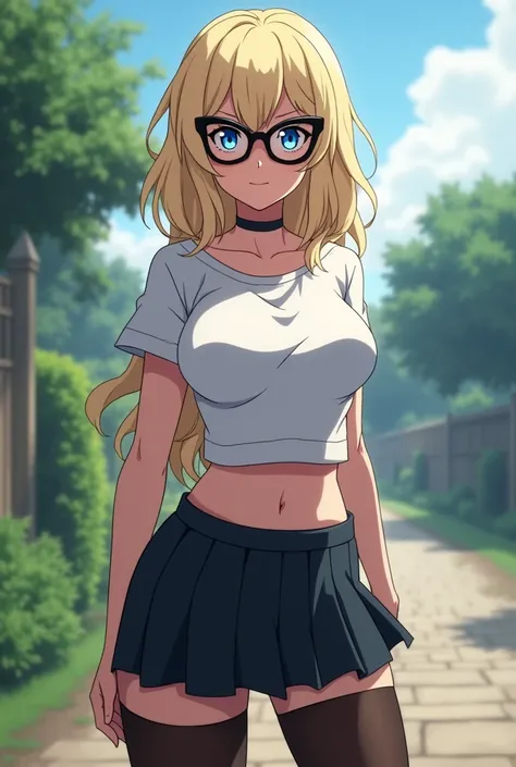 screenshot of my hero academia, light blonde hair,  bright blue eyes, (((oversized cat-eye glasses))), T-shirt revealing her slim and curvy waist, slim with huge breasts, ((huge sexy breasts)), outdoors, with his cold gaze, wears a skirt and her stockings ...