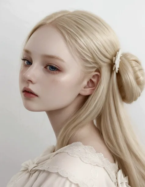 blonde woman with a bow in her hair looking to the side, Soft and golden pele, pale ivory skin, soft flawless and pale skin ,  extremely pale blonde hair , Ela Fanning), hime cut style white hairstyle ,  very very pale blond hair ,  light and pale skin !!,...