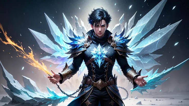 a handsome anime boy with black hair, beautiful detailed eyes, striking facial features, wearing clothes with ice crystal details, using ice magic powers, standing in a snowy landscape with snowflakes falling in the background, (best quality,4k,8k,highres,...