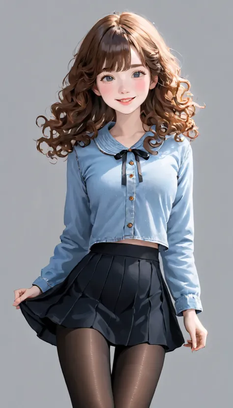 4K, masterpiece, 8k, high quality, 最high quality, cute student, Very white skin, long brown curly hair，a bit，Low length，freckles，Thick eyebrows，Blunt bangs，(Flat Chest) ，feminine, freckles, Tilt, Elegant, Elegant, cute, smile, cute, Hilarious, belly button...