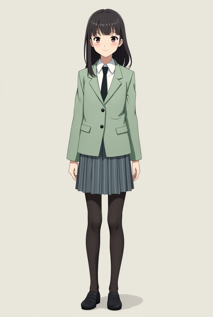 Animated image of a very well-groomed girl wearing a white shirt black tie . Buso light green long sleeve v-neck jacket with buttons long not wide sleeve dress over the skirt pointed with buttons no blazer , gray and blue skirt thin horizontal and vertical...