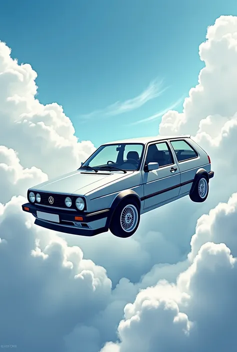 An illustration of a gray golf mk4 flying in the clouds