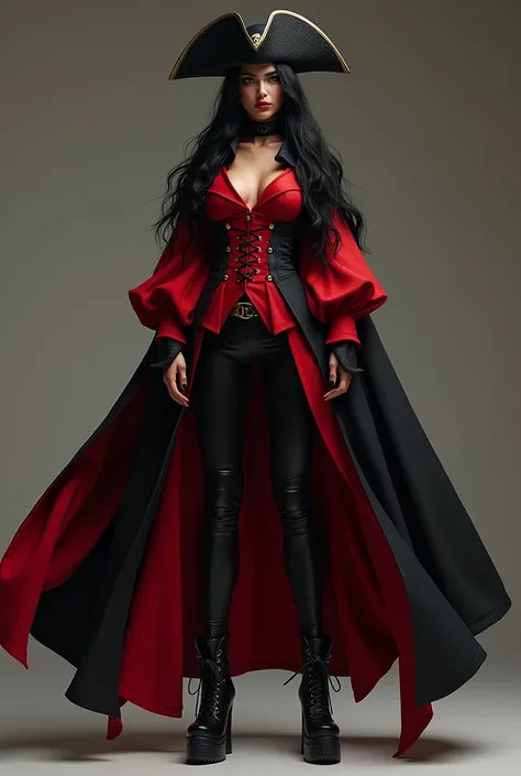 Red black Captain with a black hat black medium size cape off the shoulder sleeves puffed up sleeved skinny just behind the body very skinny pants chunky black high heels pirate long black hair