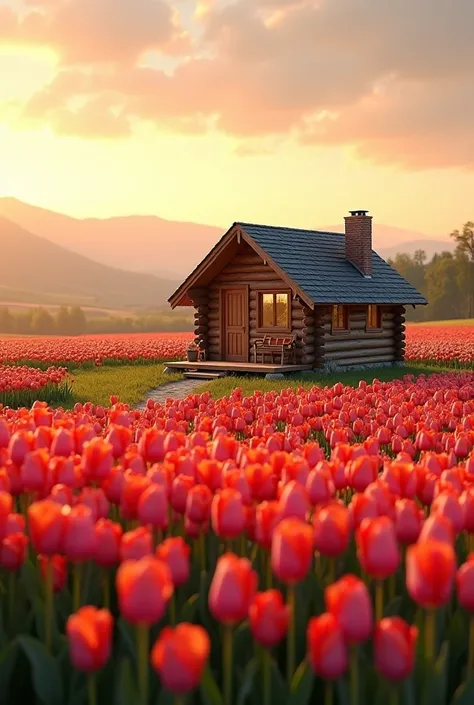 Nestled in the heart of a breathtaking landscape, this cozy wooden cabin offers a picturesque retreat amidst a sprawling field of tulips. The flowers, arrayed in a dazzling array of colors, paint a vivid foreground against the tranquil backdrop of distant ...