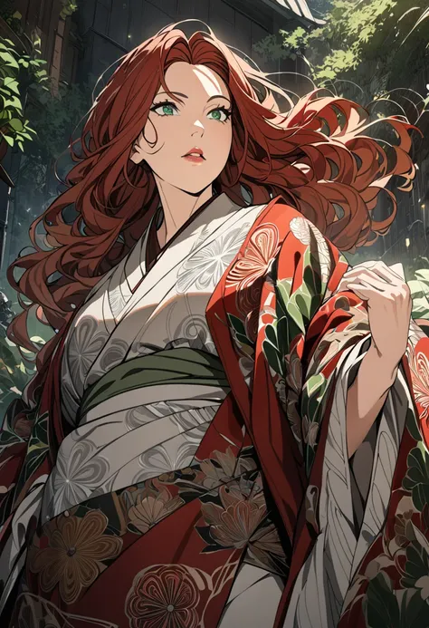 a woman with long red wavy hair and bangs, green eyes, walking and wearing a wide floral kimono with a sash at the waist, full body art, (best quality,4k,8k,highres,masterpiece:1.2),ultra-detailed,detailed eyes,detailed lips,detailed face,longeyelashes,bea...