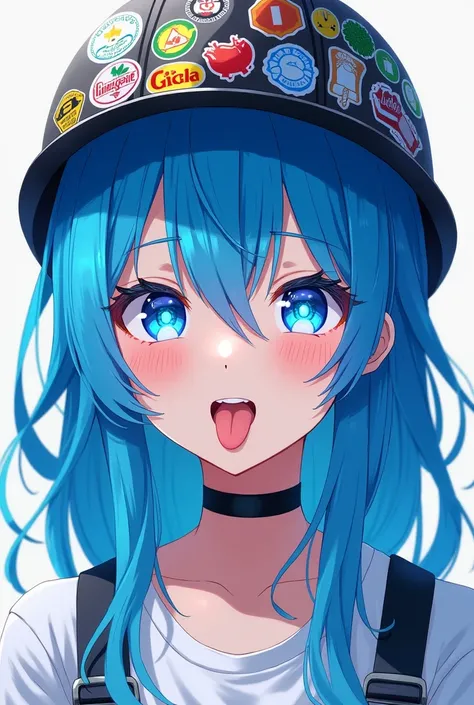 Create a  girl, With blue eyes neon , normal teeth,  blue hair, blue lips, very long tongue, ahegao, Sensually stuck out tongue,  workers helmet full of stickers,  white shirt ,  wears the anime style 