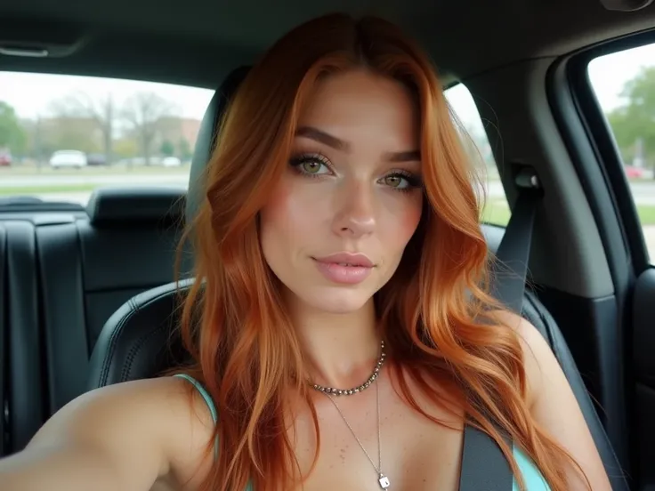 Selfie inside a car with a seat belt, similar to Dua Lipa. Seed sitting in a square. 28-year-old woman, light skin color. Very long reddish hair. She has freckles on her body, very big breasts. Marked phases. Delicate lips, marked cheekbones. Huge breasts....