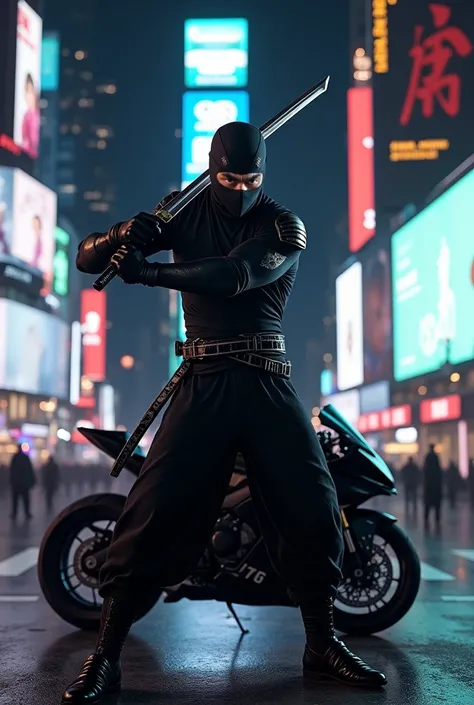 Photorealistic, hyper detailed, masterpiece, 8k, night sky, New York City, Time square, a formidable Japanese ninja is in attacking pose with katana in his hand. His black Kawasaki motorcycle is in the background.