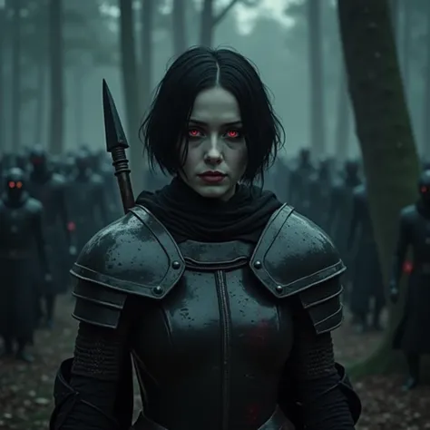 Vampire woman with pale skin,  red-eyed , short black hair, wearing English armor, and a spear, in a dark forest at night, Walking among the armies of the living dead, in the rain, close up photo, realistic