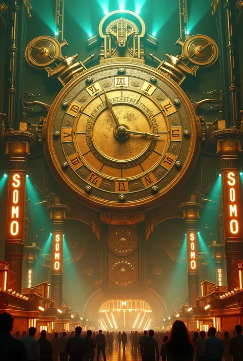 Picture a festival held in a giant, interconnected mechanical world where SOMO is engraved on an enormous golden clock face that serves as the central hub. Massive gears, levers, and spinning cogs surround the festival, all powered by glowing energy. Each ...