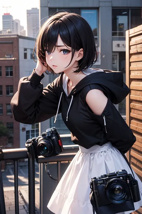 A((Surprisingly bizarre )),(masterpiece:1.2),超 high definition ,  attention to detail ,  High Quality ,  high definition , 最 High Quality , 4K, 8k、 black hoodie、White Skirt、 black hair、 short hair、 dark eyes、 SLR camera、With a camera、 Close one eye and hol...